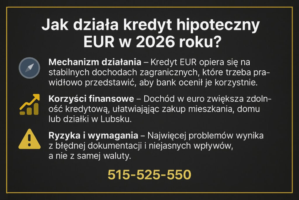 Kredyt hipoteczny EUR Lubsko opisany jako produkt oparty na stabilnych dochodach zagranicznych zwiększających zdolność kredytową, z informacją o korzyściach finansowych, ryzykach związanych z dokumentacją oraz numerze kontaktowym dla klientów szukających profesjonalnego wsparcia.