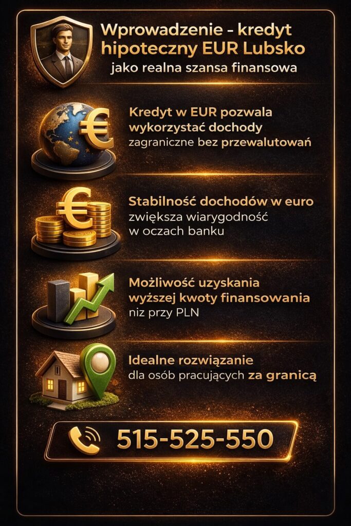 Wprowadzenie do finansowania nieruchomości w euro w Lubsko – rozwiązanie dla osób pracujących za granicą, które chcą wykorzystać dochody bez przewalutowania. Grafika pokazuje korzyści, stabilność finansową i większe możliwości kredytowe.