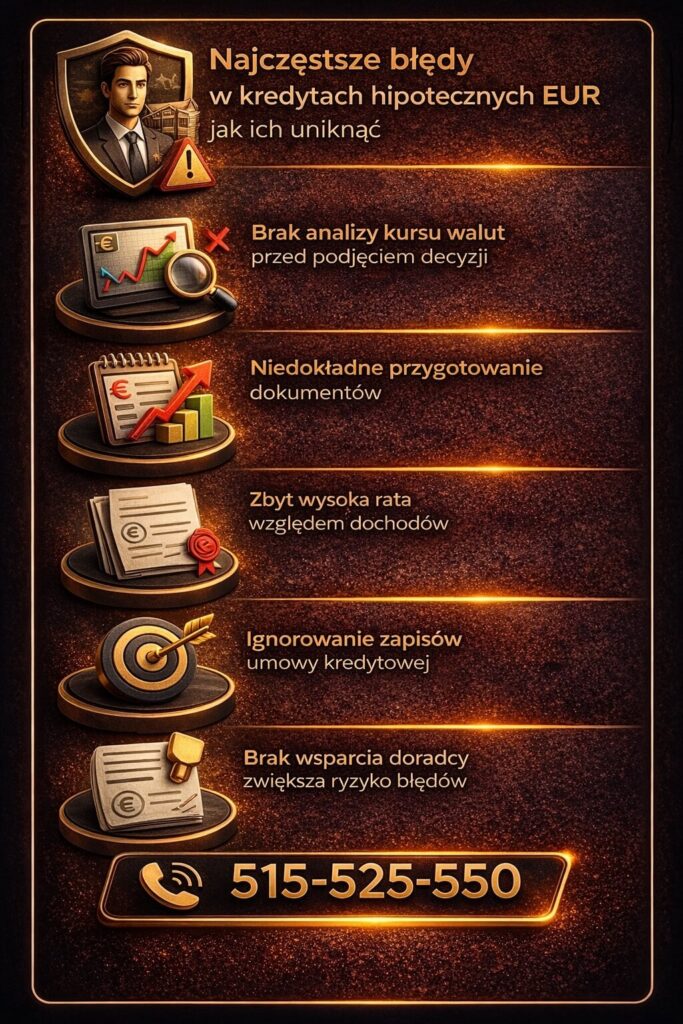 Najczęstsze błędy przy wyborze rozwiązania jak kredyt hipoteczny eur lubsko – brak analizy kursów walut, niedokładne dokumenty, zbyt wysoka rata względem dochodów oraz ignorowanie zapisów umowy. Grafika edukacyjna pokazująca ryzyka i sposoby ich uniknięcia.