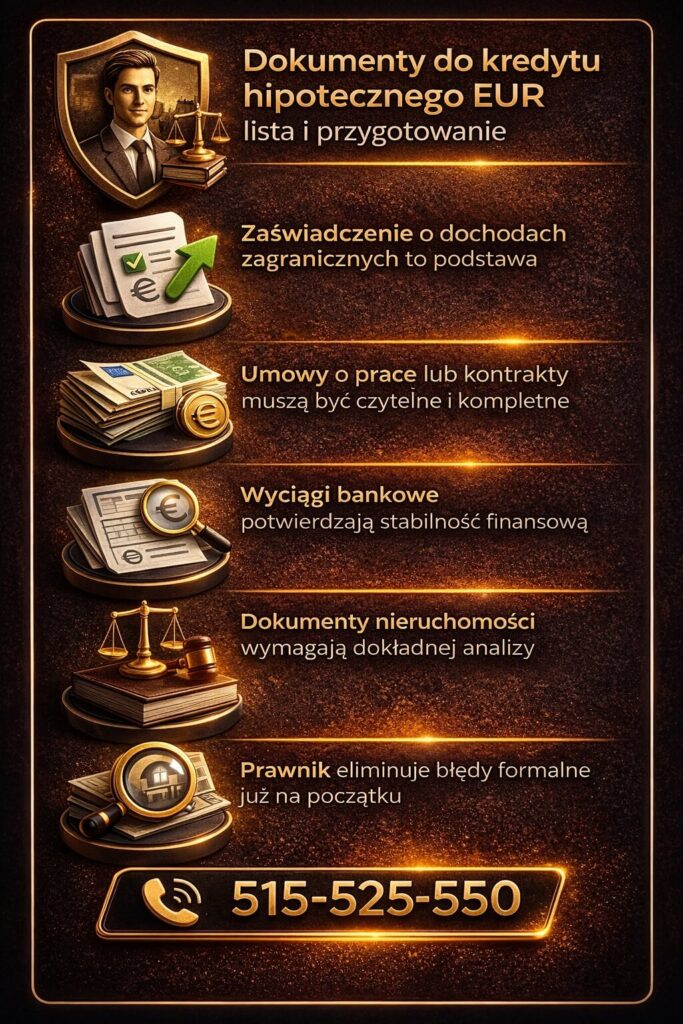 Dokumenty potrzebne do uzyskania finansowania typu kredyt hipoteczny w euro Lubsko – zaświadczenia o dochodach, wyciągi bankowe i dokumentacja nieruchomości. Grafika podkreśla znaczenie kompletności i poprawności formalnej.