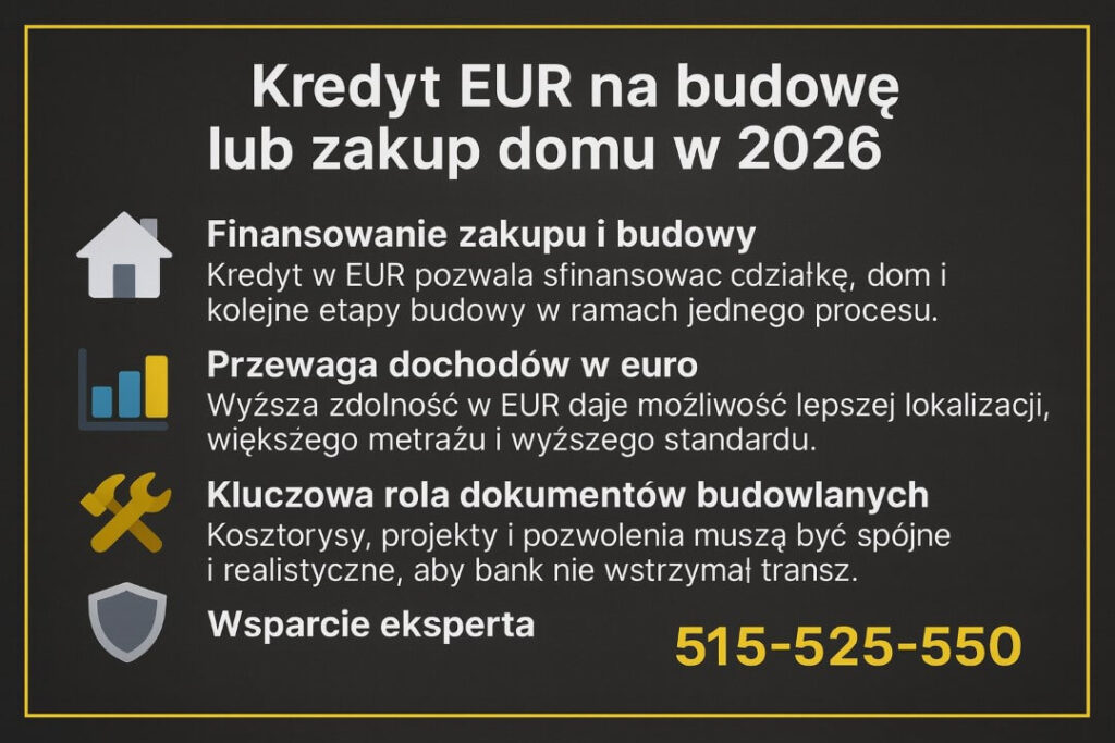 Kredyt hipoteczny EUR Lubsko przedstawiony jako rozwiązanie umożliwiające finansowanie zakupu działki, budowy domu oraz kolejnych etapów inwestycji, z podkreśleniem przewagi dochodów w euro, roli dokumentów budowlanych i wsparcia eksperta oferującego bezpieczeństwo procesu.