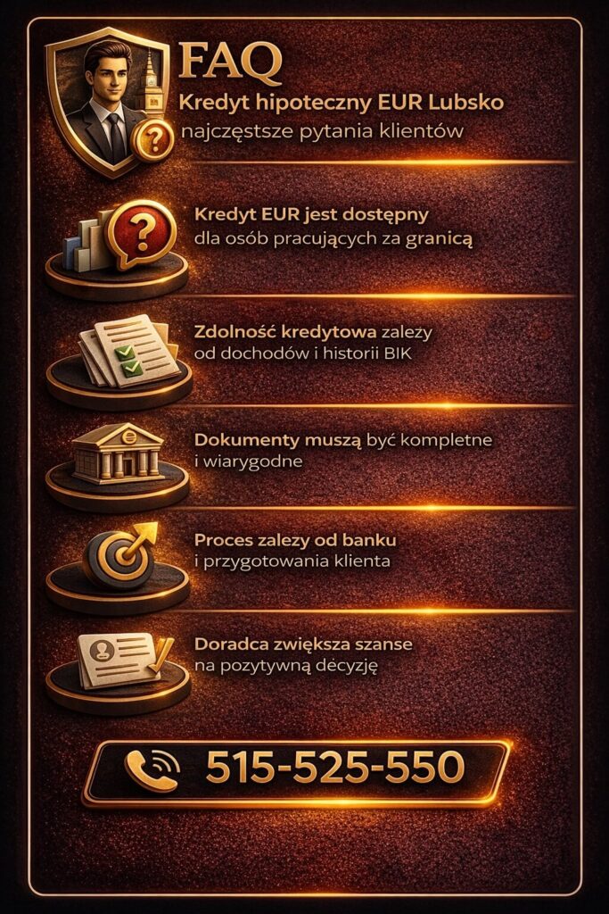 FAQ dotyczące rozwiązania jak kredyt hipoteczny eur lubsko – odpowiedzi na najczęstsze pytania klientów o zdolność kredytową, dokumenty i proces bankowy. Grafika informacyjna ułatwiająca zrozumienie zasad i zwiększająca szanse na pozytywną decyzję.
