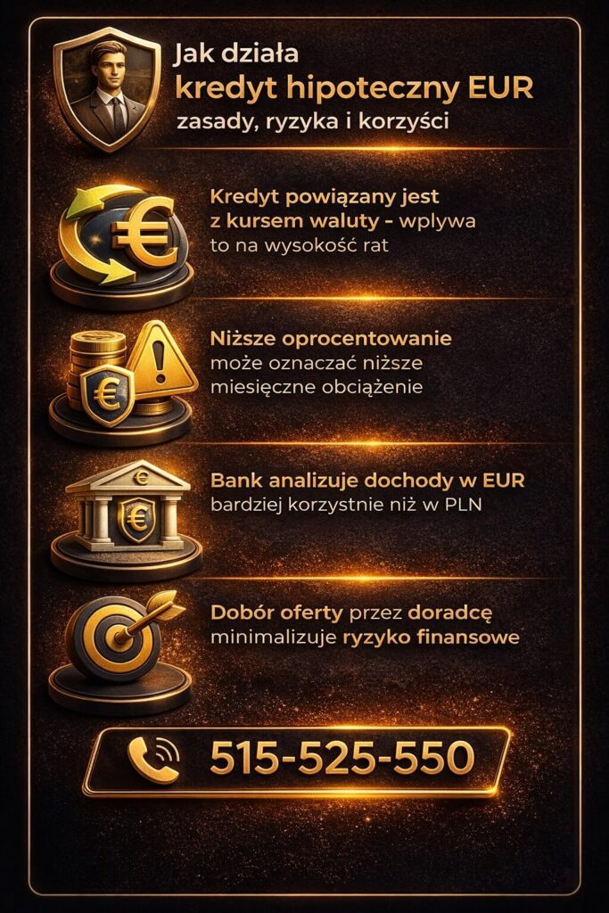 Korzyści jakie daje kredyt hipoteczny w euro Lubsko – niższe oprocentowanie, korzystniejsza ocena dochodów oraz większa zdolność kredytowa. Grafika prezentuje przewagi finansowania w EUR i wpływ na wysokość rat oraz dostępność oferty.