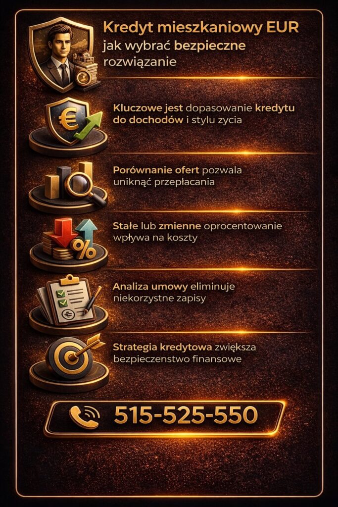 Jak wybrać bezpieczny kredyt mieszkaniowy EUR w Lubsko – dopasowanie oferty do dochodów, analiza umowy i porównanie opcji oprocentowania. Grafika pokazuje świadome decyzje finansowe i unikanie przepłacania na kredycie hipotecznym.