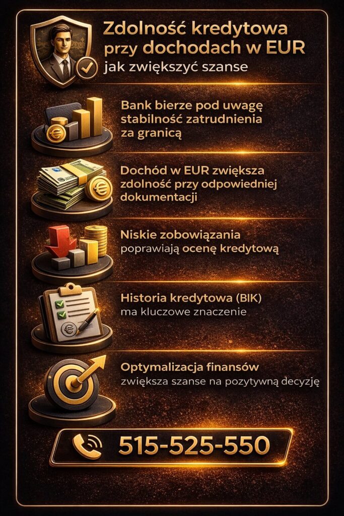 Jak zwiększyć zdolność kredytową przy finansowaniu hipotecznym EUR w Lubsko – znaczenie dochodów, historii BIK i optymalizacji zobowiązań. Grafika pokazuje kluczowe czynniki wpływające na decyzję banku i poprawę oceny klienta.