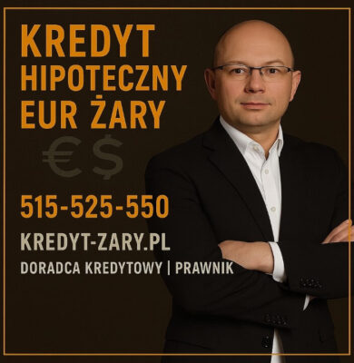 Grafika główna przedstawia doradcę kredytowego i prawnika oferującego pomoc przy kredycie hipotecznym EUR w Żarach. Na ciemnym tle widoczne są złote napisy z hasłem „Kredyt hipoteczny EUR Żary”, numer telefonu 515-525-550 oraz adres kredyt-zary.pl w eleganckiej ramce.