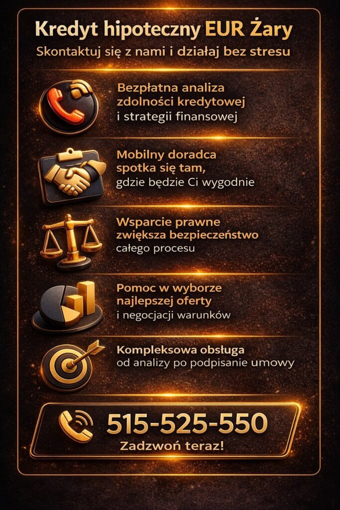 Kredyt na mieszkanie EUR Żary – kontakt z doradcą kredytowym, bezpłatna analiza zdolności kredytowej, mobilna obsługa klienta, wsparcie prawne oraz pomoc w wyborze i negocjacji najlepszej oferty kredytu hipotecznego dopasowanego do sytuacji finansowej