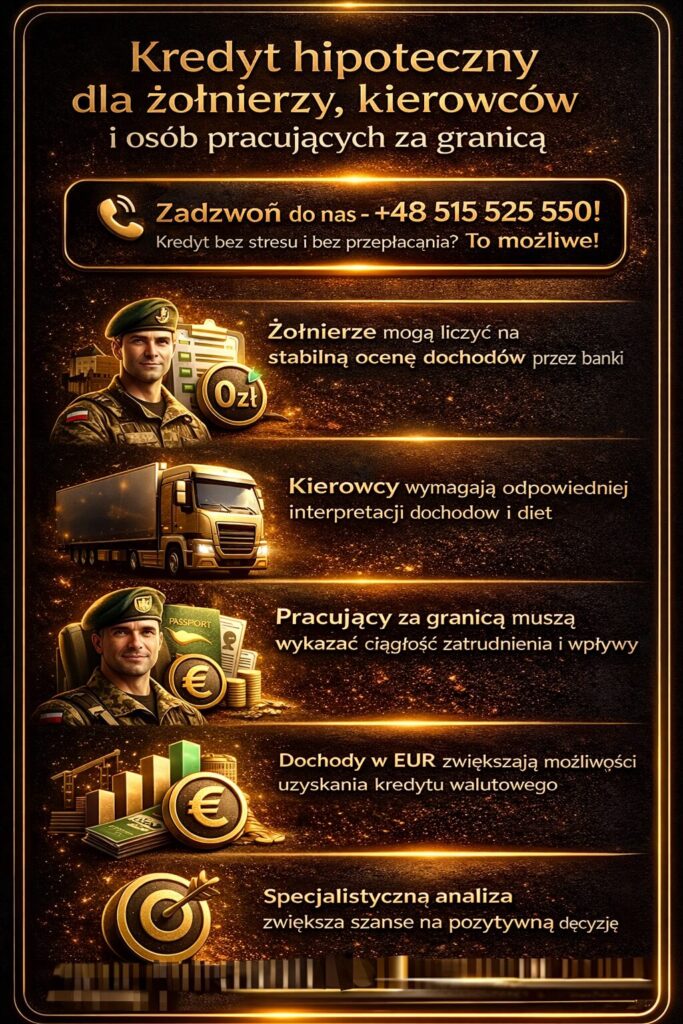 Kredyt hipoteczny EUR Żary – oferta dla żołnierzy, kierowców i osób pracujących za granicą, stabilna ocena dochodów, interpretacja wynagrodzenia w euro, wymagania banków oraz specjalistyczna analiza doradcy kredytowego zwiększająca szanse na uzyskanie finansowania