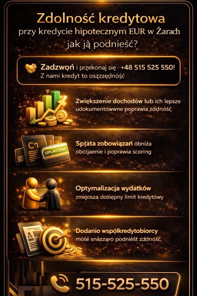 Kredyt hipoteczny EUR Żary – jak zwiększyć zdolność kredytową, poprawa dochodów, spłata zobowiązań, optymalizacja wydatków, dodanie współkredytobiorcy oraz indywidualna strategia doradcy kredytowego pozwalająca uzyskać lepsze warunki kredytu
