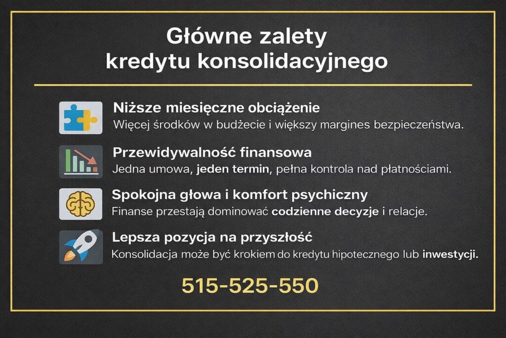 Kredyt konsolidacyjny Lubsko - infografika prezentująca główne zalety konsolidacji kredytów. Niższe miesięczne obciążenie, przewidywalność finansowa, spokojna głowa oraz poprawa pozycji na przyszłość, w tym przygotowanie do kredytu hipotecznego lub innych inwestycji.