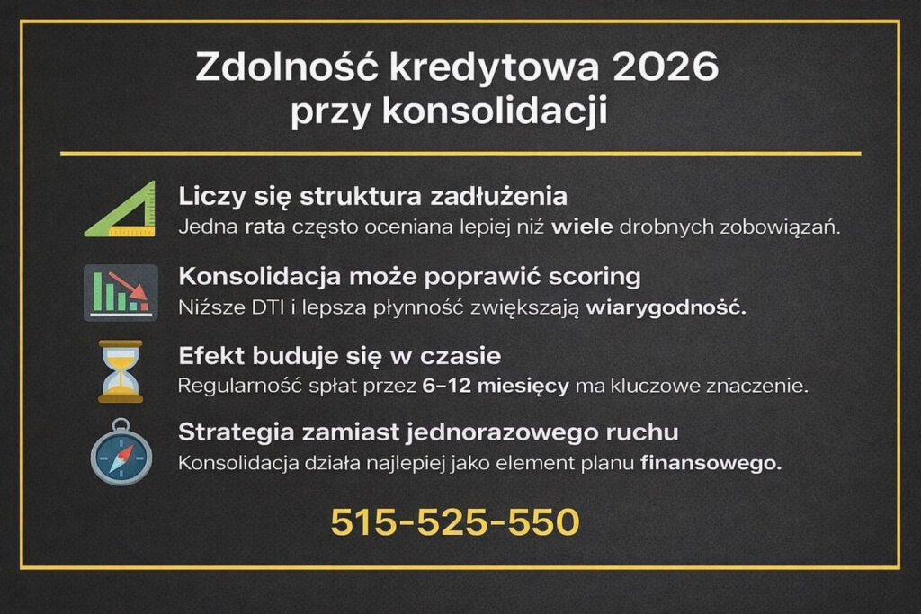 Konsolidacja kredytów w Lubsko a zdolność kredytowa w 2026 roku – grafika pokazująca znaczenie struktury zadłużenia, wpływ jednej raty na scoring, rolę regularnych spłat w czasie oraz konieczność traktowania konsolidacji jako elementu długoterminowego planu finansowego.