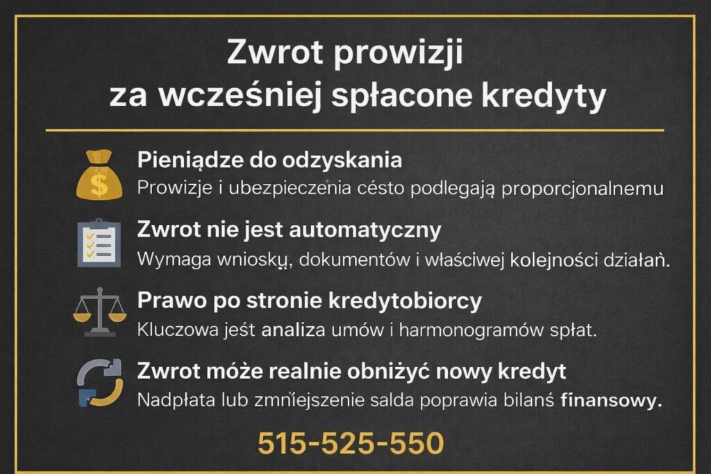 Kredyt konsolidacyjny Lubsko - infografika pokazująca możliwość zwrotu prowizji i ubezpieczeń po wcześniejszej spłacie kredytów. Wyjaśnia, że zwrot nie jest automatyczny, wymaga analizy umów i może realnie obniżyć koszt nowego kredytu konsolidacyjnego w 2026 roku.