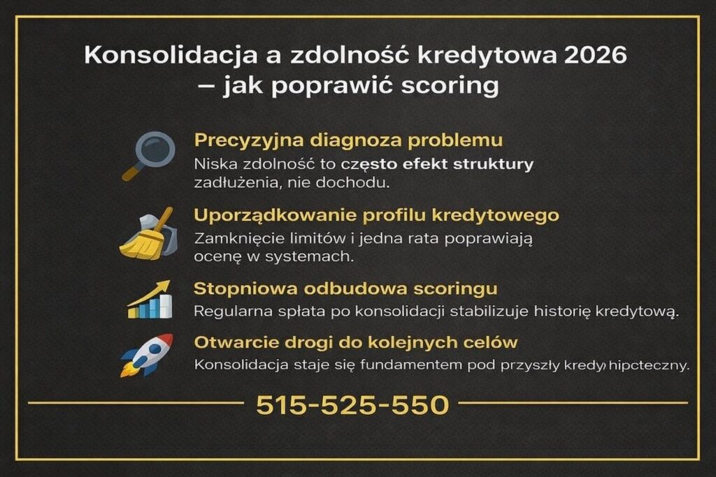 Kredyt konsolidacyjny Żary a zdolność kredytowa 2026. Grafika pokazuje proces poprawy scoringu poprzez analizę zadłużenia, zamknięcie limitów, jedną ratę i regularną spłatę, która stabilizuje historię kredytową i przygotowuje do przyszłego kredytu hipotecznego.