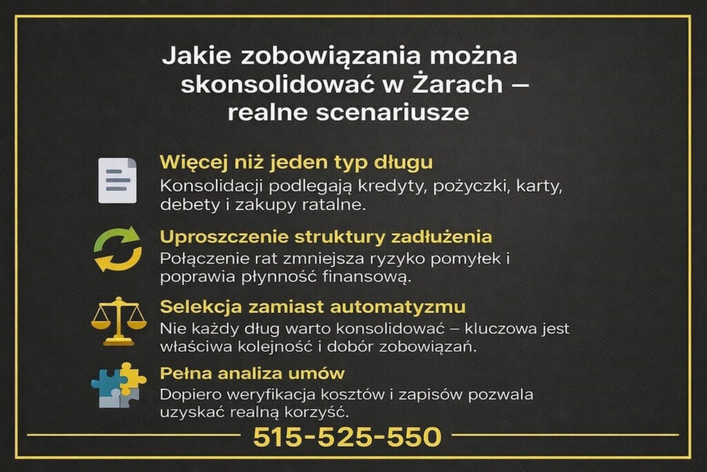 Konsolidacja zobowiązań finansowych w Żarach jako realne rozwiązanie dla osób z wieloma długami. Grafika prezentuje możliwość łączenia kredytów, pożyczek, kart i debetów w jedną ratę oraz znaczenie selekcji zobowiązań i analizy umów przez doradcę kredytowego.