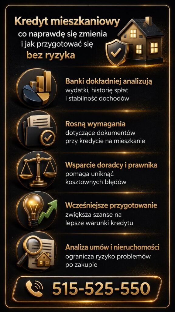 Kredyt mieszkaniowy – nowoczesna infografika pokazująca zmiany w analizie zdolności kredytowej, wymagania banków, wsparcie doradcy kredytowego i prawnika oraz bezpieczne przygotowanie do zakupu nieruchomości. Grafika premium z ikonami 3D i numerem kontaktowym 515-525-550.