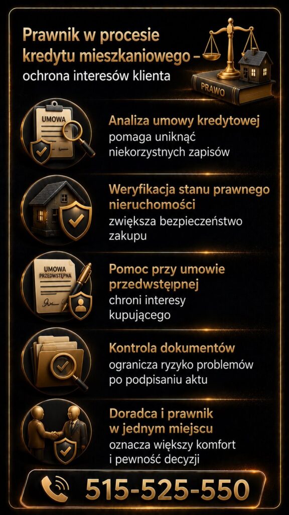 Finansowanie zakupu mieszkania z pomocą eksperta kredytowego i prawnika – grafika przedstawiająca analizę umowy kredytowej, weryfikację stanu prawnego nieruchomości, kontrolę dokumentów i ochronę interesów klienta podczas zakupu domu.