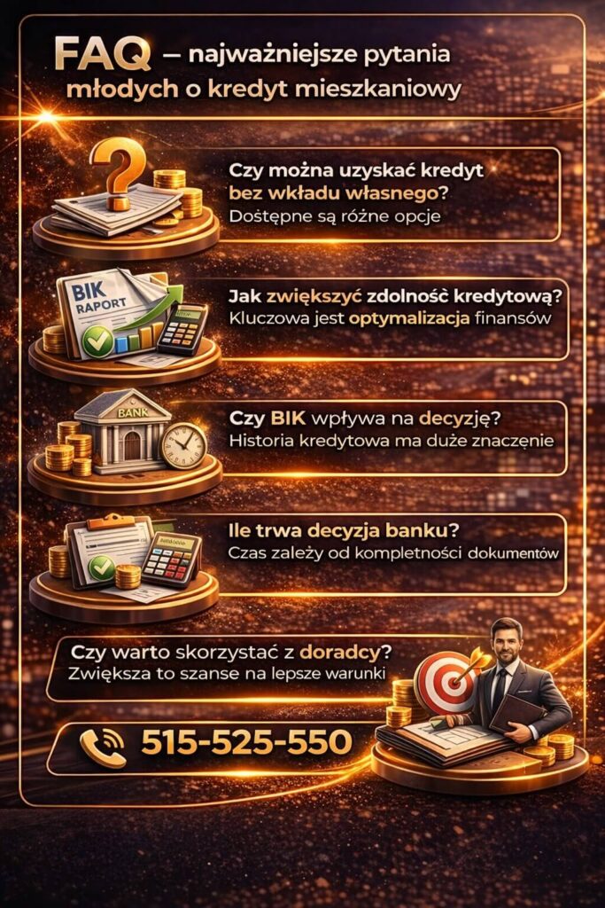 FAQ dotyczące tematu kredyt mieszkaniowy dla mlodych prezentujące najważniejsze pytania o wkład własny, zdolność kredytową, BIK oraz czas decyzji banku. Grafika pokazuje kluczowe elementy procesu i korzyści współpracy z doradcą kredytowym.