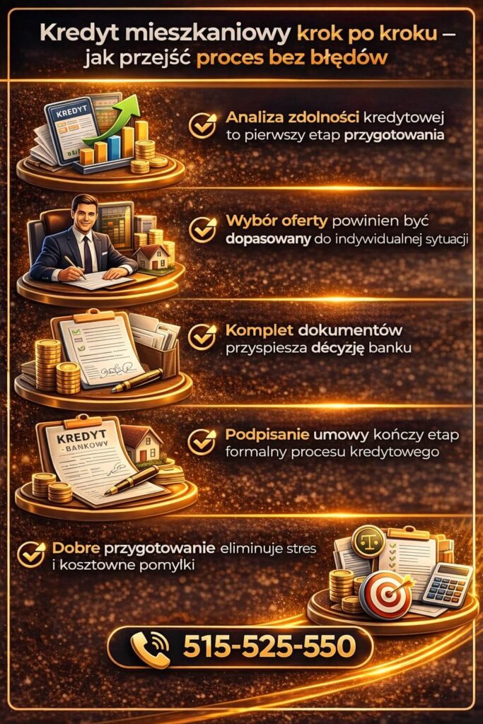 Proces kredyt mieszkaniowy dla mlodych krok po kroku obejmujący analizę zdolności kredytowej, wybór oferty, komplet dokumentów oraz podpisanie umowy. Grafika obrazuje etapy prowadzące do bezpiecznego uzyskania finansowania.