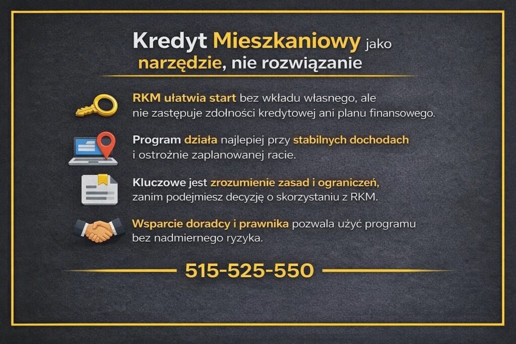 Kredyt mieszkaniowy dla młodych jako narzędzie finansowe, a nie gotowe rozwiązanie. Grafika wyjaśnia, że RKM ułatwia start bez wkładu własnego, ale nie zastępuje zdolności kredytowej, stabilnych dochodów ani dobrze zaplanowanej strategii kredytowej i wsparcia eksperta.