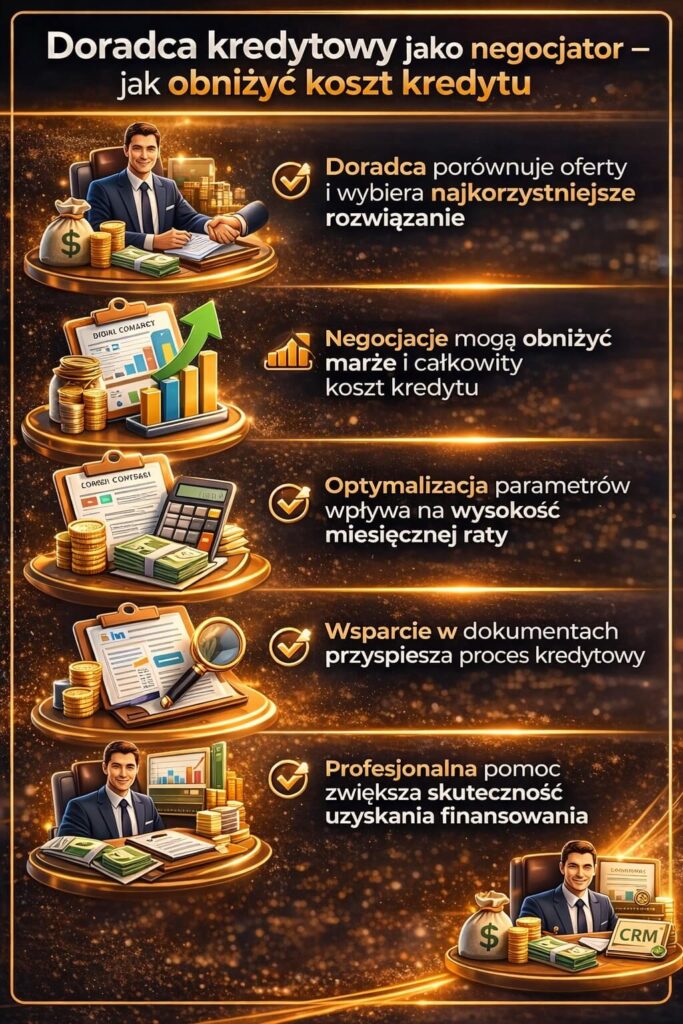 Rola doradcy przy kredyt mieszkaniowy dla mlodych jako negocjatora warunków kredytu. Grafika pokazuje porównanie ofert, optymalizację parametrów oraz wpływ negocjacji na obniżenie kosztów i wysokości miesięcznej raty.