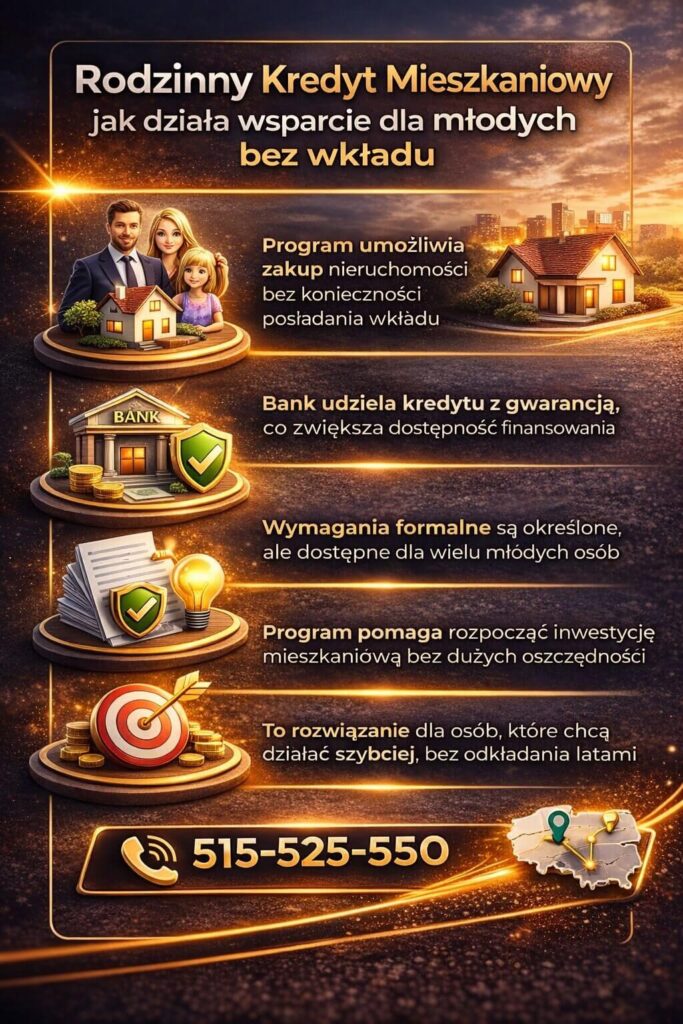Programy wsparcia jak kredyt mieszkaniowy dla mlodych bez wkładu własnego umożliwiają zakup nieruchomości dzięki gwarancji bankowej. Grafika pokazuje zasady działania oraz korzyści dla osób rozpoczynających inwestycję mieszkaniową.
