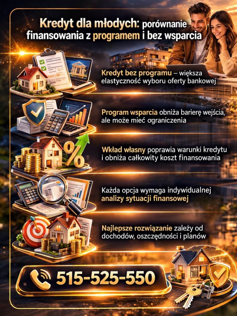 Rodzinny kredyt hipoteczny dla młodych jako wsparcie bez wkładu własnego umożliwia zakup mieszkania szybciej i bez wieloletniego oszczędzania. Grafika przedstawia dostępność programu oraz jego wpływ na decyzję kredytową.