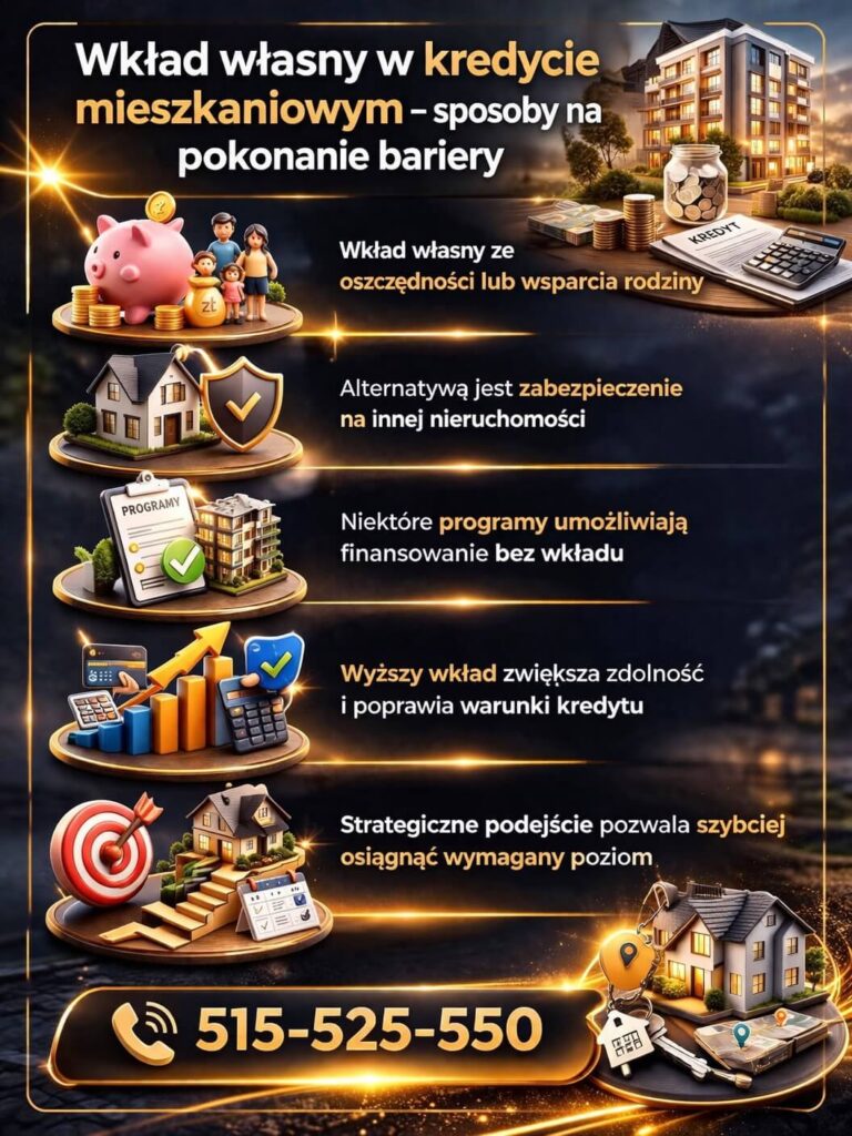 Sposoby na wkład własny przy kredycie hipotecznym dla młodych obejmujące oszczędności, wsparcie rodziny lub zabezpieczenie na innej nieruchomości. Grafika prezentuje strategie zwiększające dostępność finansowania.