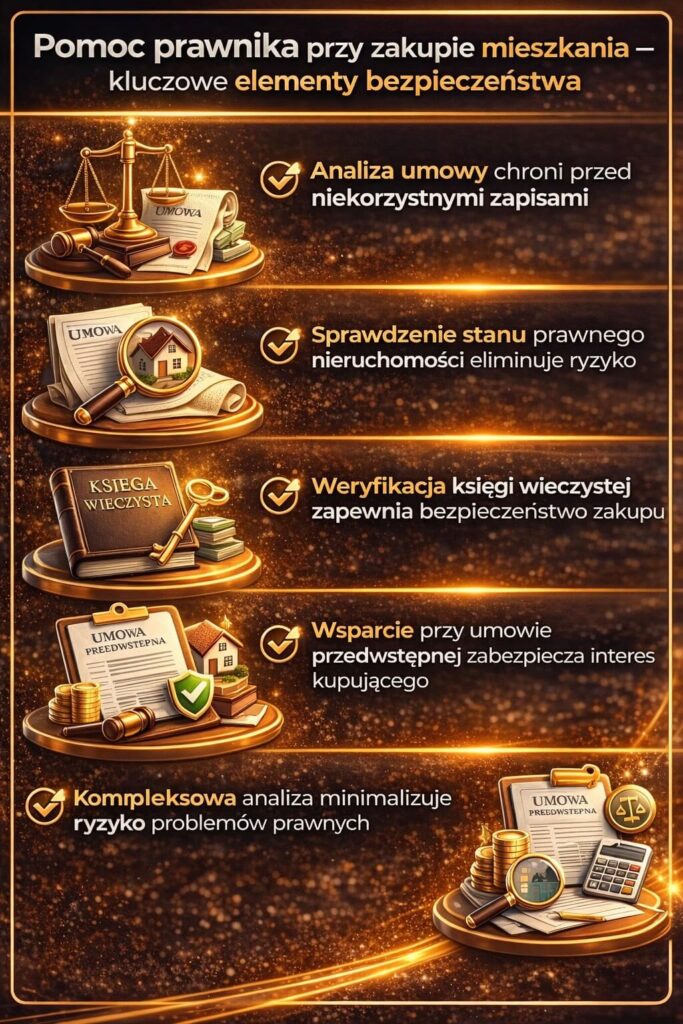 Wsparcie prawne przy kredycie na mieszkanie dla młodych obejmuje analizę umowy, sprawdzenie księgi wieczystej oraz zabezpieczenie interesu kupującego. Grafika pokazuje kluczowe działania minimalizujące ryzyko transakcji.