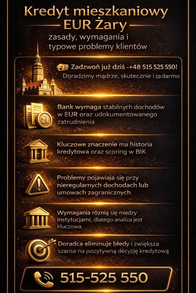 Kredyt hipoteczny EUR Żary – zasady i wymagania banków, stabilne dochody w euro, znaczenie historii kredytowej BIK, problemy przy umowach zagranicznych oraz rola doradcy kredytowego w zwiększeniu szans na pozytywną decyzję i wybór najlepszej oferty finansowania