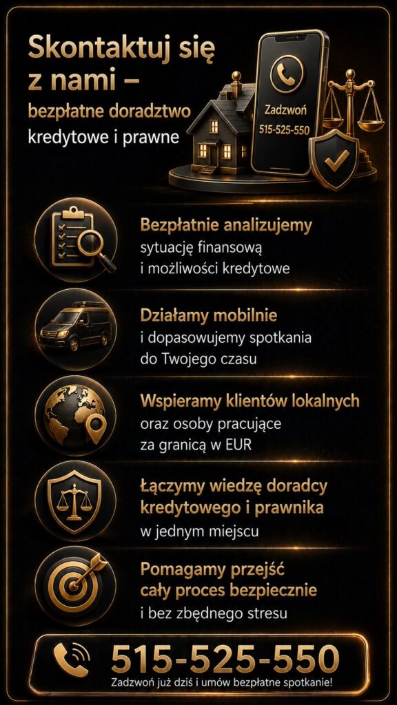 Pożyczka hipoteczna i bezpłatne doradztwo kredytowe – grafika kontaktowa przedstawiająca mobilne wsparcie eksperta finansowego i prawnika, analizę zdolności kredytowej, pomoc dla klientów pracujących za granicą oraz numer telefonu 515-525-550.