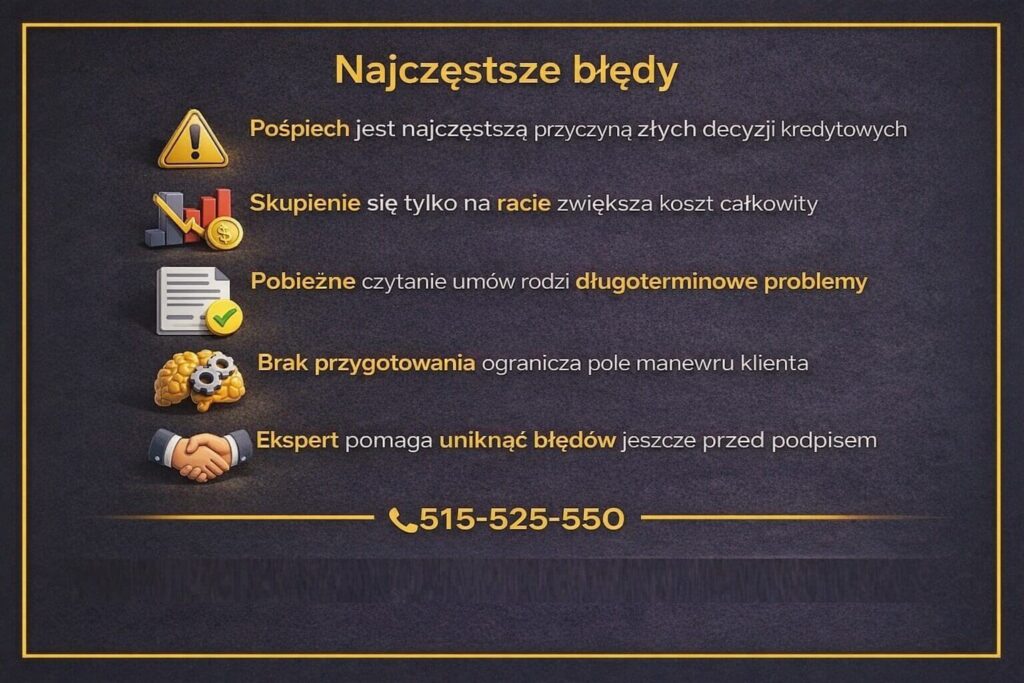 Kredyt mieszkaniowy Lubsko - infografika pokazująca najczęstsze błędy klientów przy wyborze kredytu mieszkaniowego. Grafika przedstawia pośpiech, skupienie na racie, pobieżne czytanie umów oraz brak przygotowania finansowego, z informacją o wsparciu eksperta przed podpisaniem umowy.