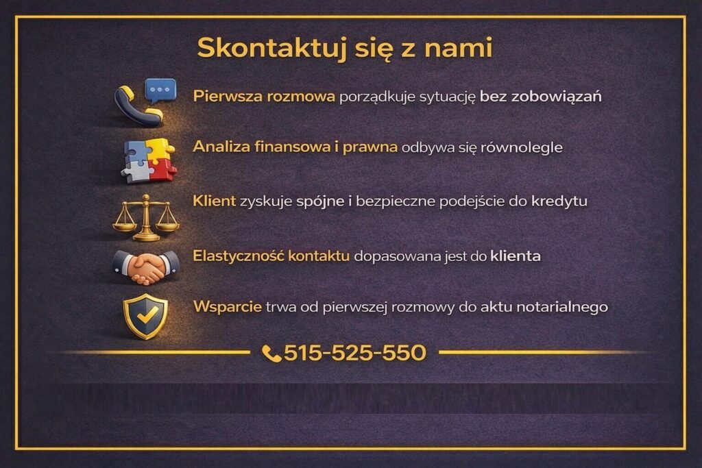 Doradztwo przy kredycie mieszkaniowym w Lubsku – grafika informacyjna zachęcająca do kontaktu z doradcą i prawnikiem. Pokazuje etapy pierwszej rozmowy, analizę finansową i prawną, elastyczny kontakt oraz wsparcie klienta od konsultacji aż do aktu notarialnego.