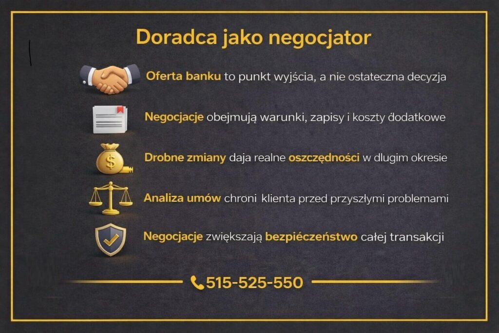 Bezpieczny kredyt na mieszkanie w Lubsku - grafika opisująca rolę doradcy jako negocjatora warunków kredytowych. Przedstawia ofertę banku jako punkt wyjścia, negocjacje zapisów umowy, kosztów dodatkowych oraz realne oszczędności i zwiększone bezpieczeństwo transakcji.