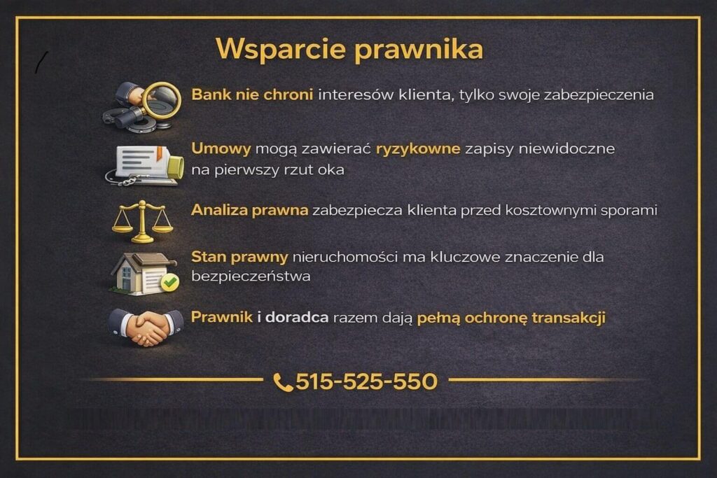 Kredyt mieszkaniowy z ochroną prawną w Lubsku - grafika pokazująca znaczenie analizy prawnej przy kredycie mieszkaniowym. Przedstawia ryzykowne zapisy umów, stan prawny nieruchomości oraz współpracę prawnika i doradcy jako pełne zabezpieczenie transakcji.