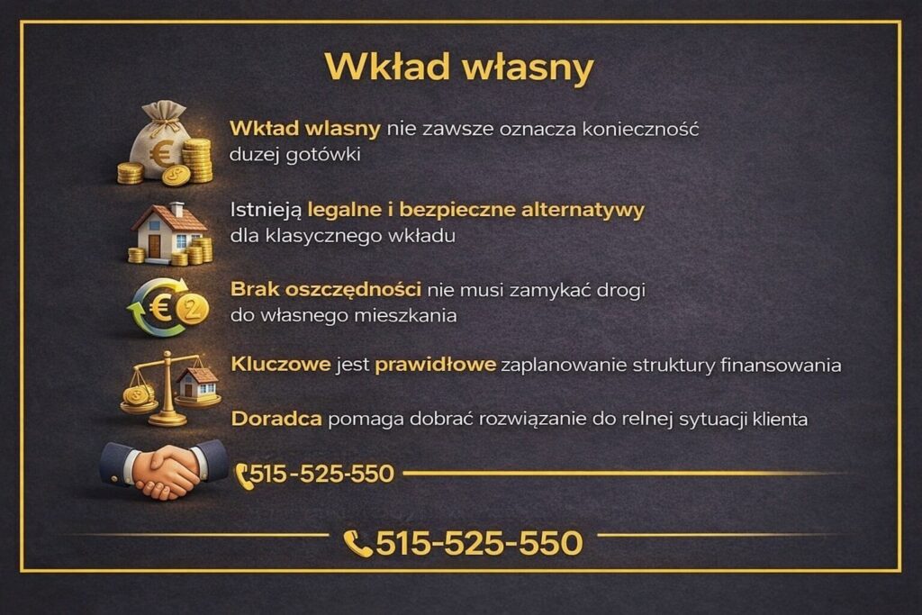 Wkład własny przy kredycie mieszkaniowym w Lubsku - grafika wyjaśniająca możliwości finansowania bez dużej gotówki. Przedstawia legalne alternatywy wkładu własnego, brak oszczędności jako barierę pozorną oraz rolę doradcy w dopasowaniu struktury finansowania.