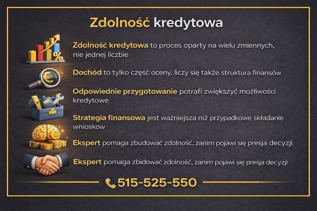 Kredyt mieszkaniowy Lubsko - grafika wyjaśniająca, czym jest zdolność kredytowa i jak wpływa na decyzję banku. Przedstawia ocenę dochodów, strukturę finansów, znaczenie strategii kredytowej oraz rolę eksperta, który pomaga zwiększyć możliwości finansowe jeszcze przed złożeniem wniosku kredytowego.