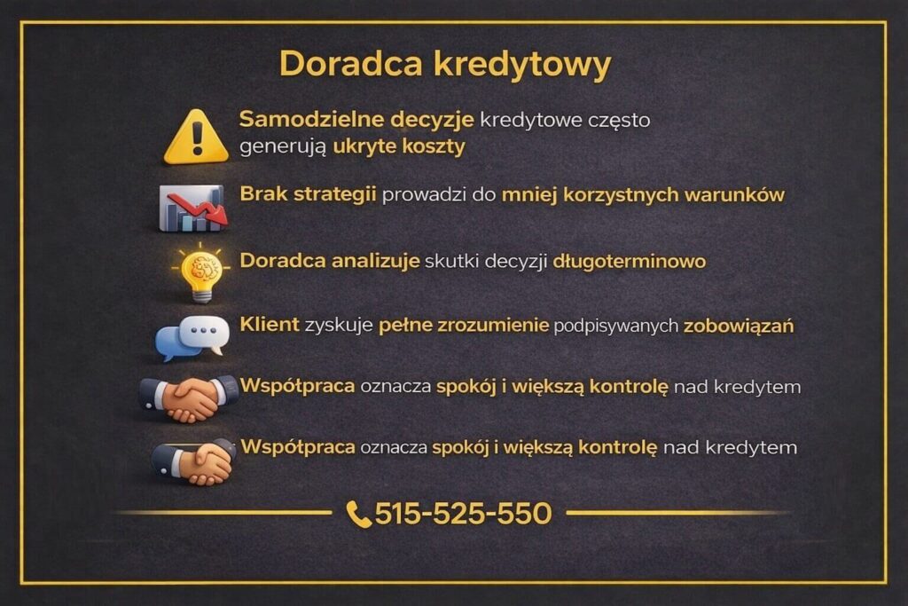 Kredyt mieszkaniowy Lubsko - grafika wyjaśniająca rolę doradcy kredytowego w procesie finansowania nieruchomości. Przedstawia różnice między samodzielnymi decyzjami a wsparciem eksperta, analizę skutków długoterminowych oraz pełne zrozumienie zobowiązań kredytowych.