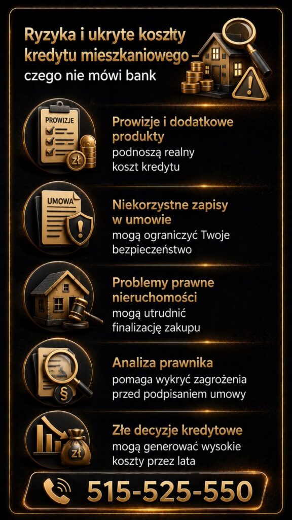 Kredyt mieszkaniowy – ukryte koszty i ryzyka przy zakupie nieruchomości. Infografika pokazuje prowizje, zapisy w umowach, problemy prawne oraz znaczenie wsparcia prawnika i doradcy kredytowego podczas analizy kredytu hipotecznego i dokumentów.