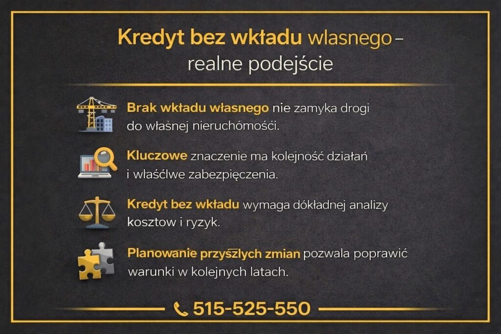 Kredyt mieszkaniowy służby mundurowe bez wkładu własnego - infografika pokazująca realne możliwości finansowania nieruchomości, znaczenie kolejności działań, analizę kosztów i ryzyk oraz planowanie przyszłych zmian, które pozwalają poprawić warunki kredytu w kolejnych latach.