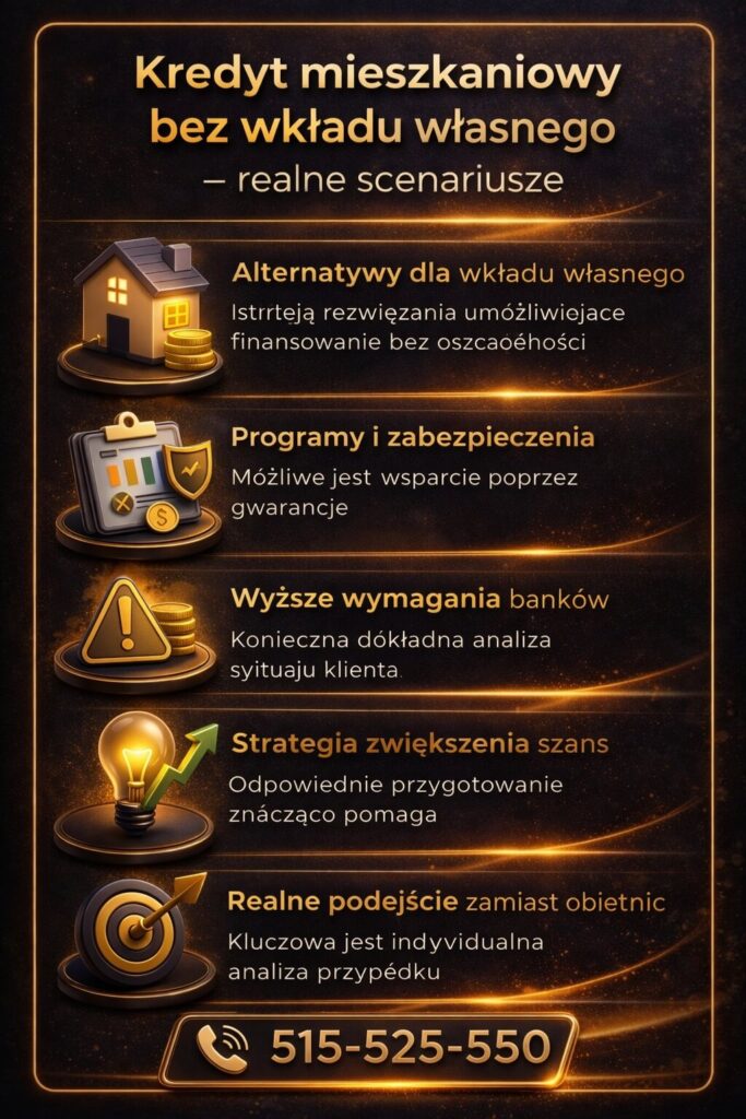 Kredyt mieszkaniowy służby mundurowe bez wkładu własnego przedstawiony w formie infografiki pokazującej realne scenariusze finansowania nieruchomości, alternatywy dla wkładu własnego oraz strategie zwiększające szanse na uzyskanie kredytu hipotecznego.