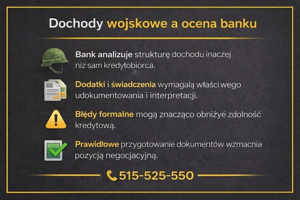 Kredyt mieszkaniowy służby mundurowe - grafika wyjaśniająca jak bank ocenia dochody wojskowe, dodatki i świadczenia, wpływ dokumentów na zdolność kredytową oraz znaczenie prawidłowej interpretacji struktury wynagrodzenia w procesie kredytowym.
