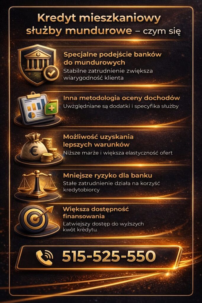 Sprawdzanie zdolności kredytowej mundurowego – grafika pokazująca znaczenie analizy finansowej, identyfikacji problemów oraz optymalizacji zdolności kredytowej przed złożeniem wniosku o kredyt hipoteczny.