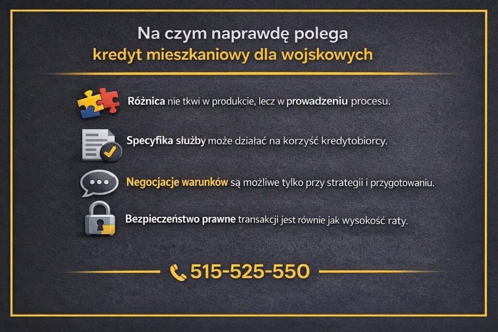 Finansowanie mieszkaniowe dla żołnierzy - grafika pokazująca, że różnice nie leżą w produkcie bankowym, lecz w prowadzeniu procesu, przygotowaniu dokumentów, strategii negocjacyjnej oraz zabezpieczeniu prawnym całej transakcji kredytowej.
