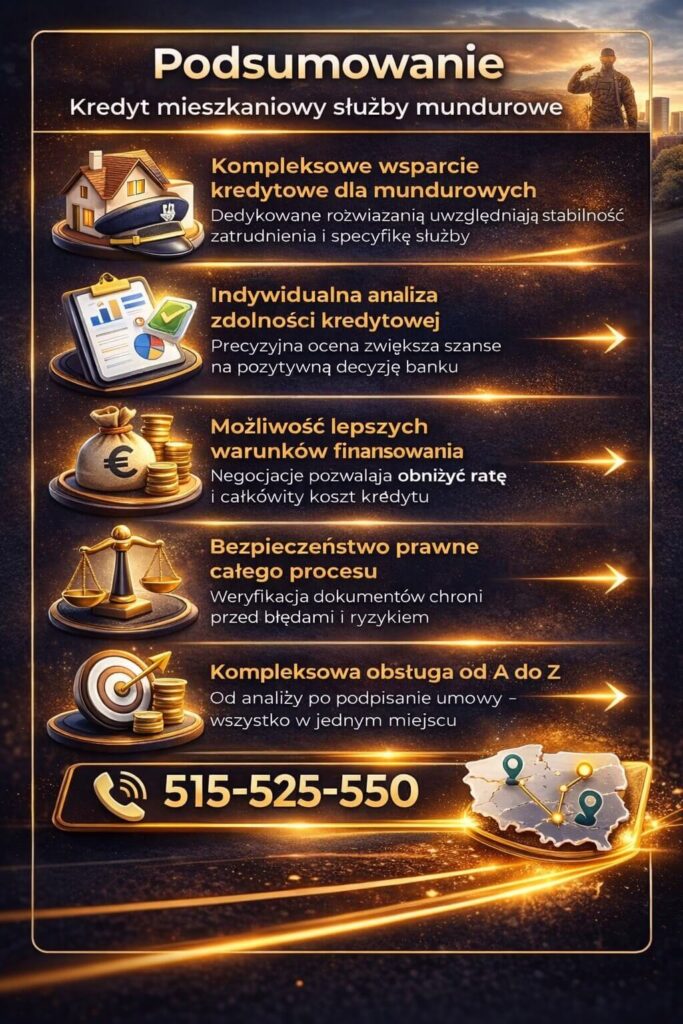 Finansowanie mieszkania dla mundurowych – podsumowanie procesu kredytowego z uwzględnieniem analizy zdolności, negocjacji warunków oraz wsparcia prawnego zwiększającego bezpieczeństwo kredytu hipotecznego.