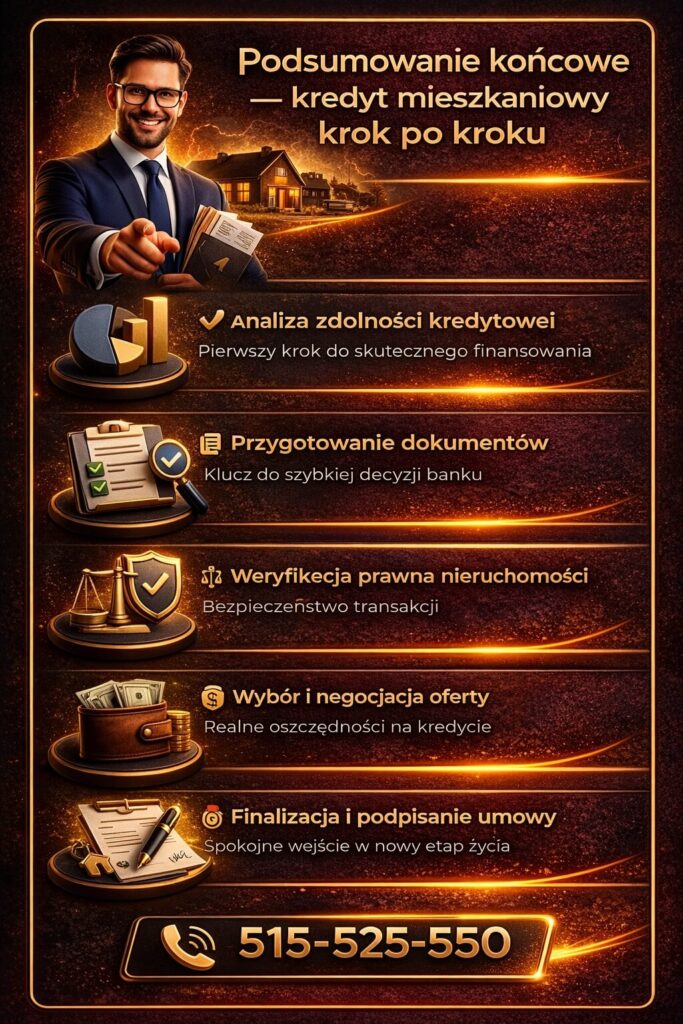 Finansowanie mieszkania dla mundurowych – podsumowanie procesu kredytowego z uwzględnieniem analizy zdolności, negocjacji warunków oraz wsparcia prawnego zwiększającego bezpieczeństwo kredytu hipotecznego.