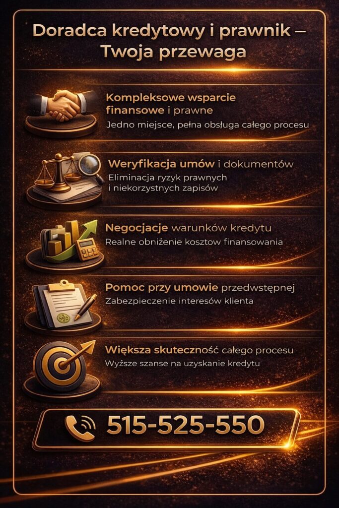 Doradca kredytowy i prawnik dla mundurowych – grafika prezentująca kompleksowe wsparcie finansowe i prawne, w tym analizę umów, negocjacje kredytu oraz pomoc przy zakupie nieruchomości.