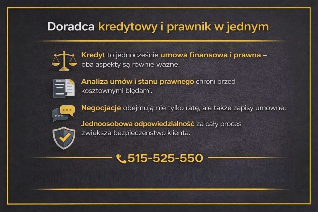 Kredyt hipoteczny dla służb mundurowych - infografika podkreślająca połączenie analizy finansowej i prawnej, znaczenie umowy kredytowej, negocjacji zapisów oraz jednoosobowej odpowiedzialności za cały proces finansowania nieruchomości.