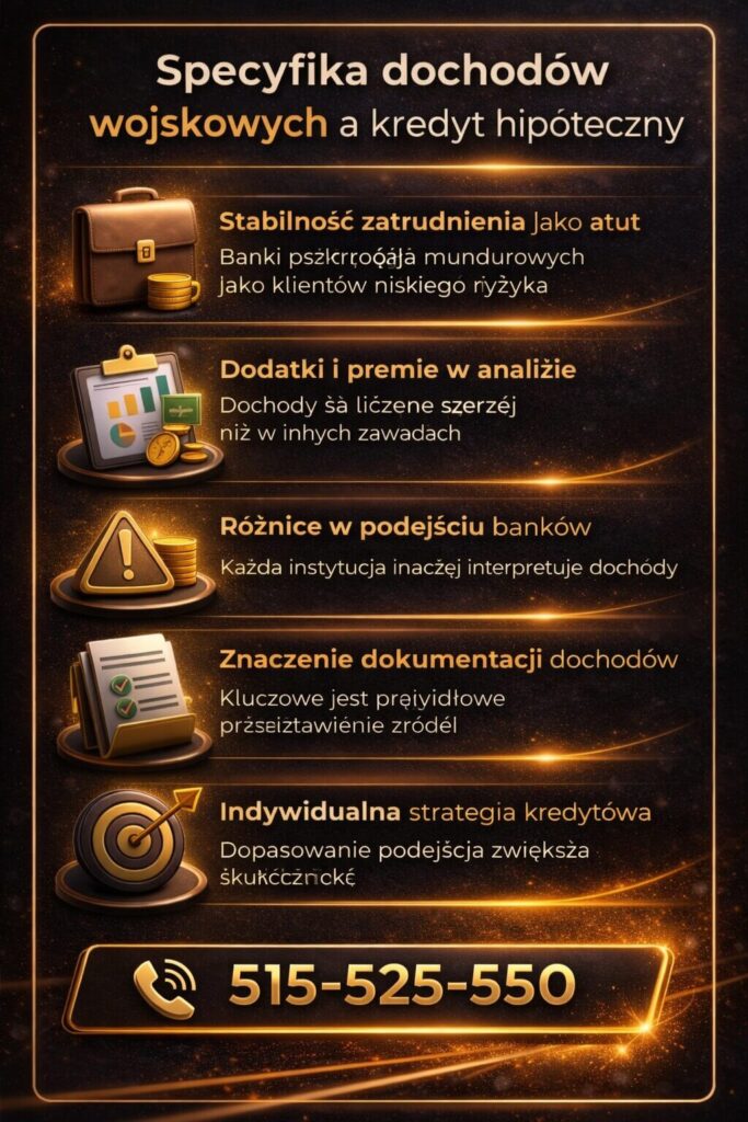 Zdolność kredytowa wojskowych a kredyt hipoteczny – infografika pokazująca znaczenie stabilnego zatrudnienia, dodatków do wynagrodzenia oraz indywidualnej strategii zwiększającej szanse na kredyt.