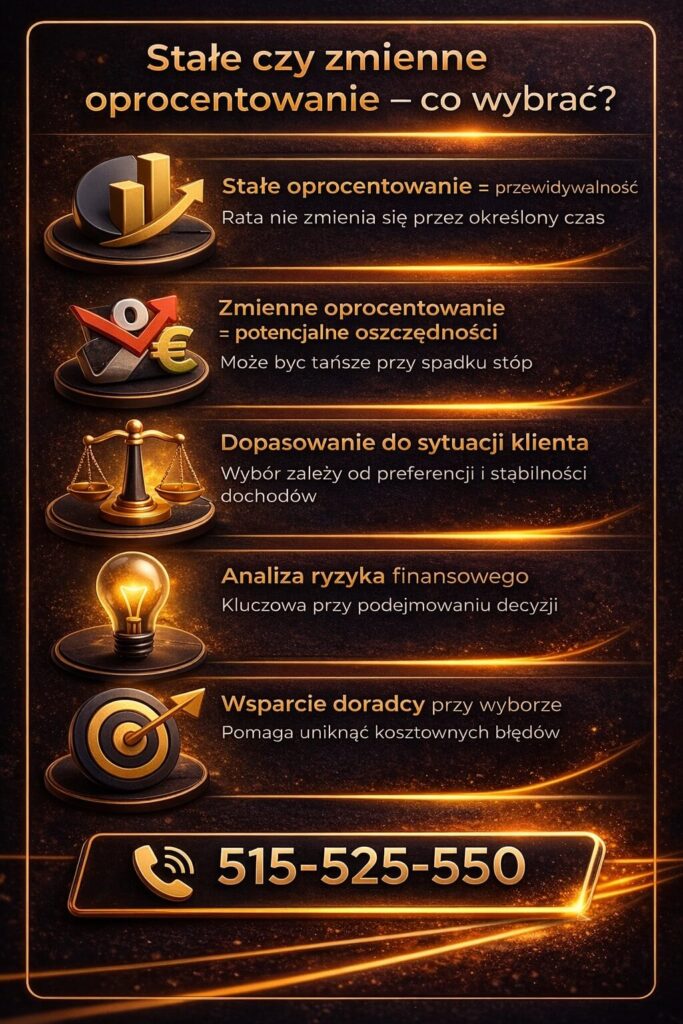 Stałe czy zmienne oprocentowanie kredytu hipotecznego dla mundurowych – grafika porównująca opcje finansowania, analizę ryzyka oraz dopasowanie oferty do sytuacji kredytobiorcy.