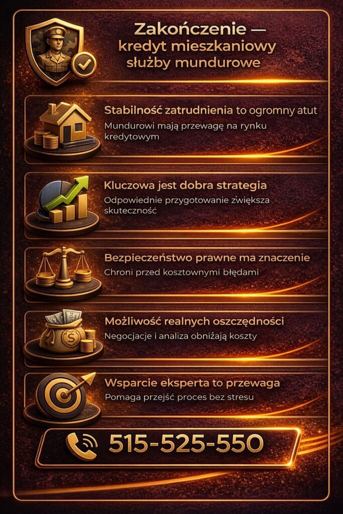 Kredyt dla mundurowych – podsumowanie najważniejszych korzyści, takich jak stabilność zatrudnienia, lepsze warunki kredytu oraz wsparcie doradcy kredytowego w całym procesie finansowania nieruchomości.